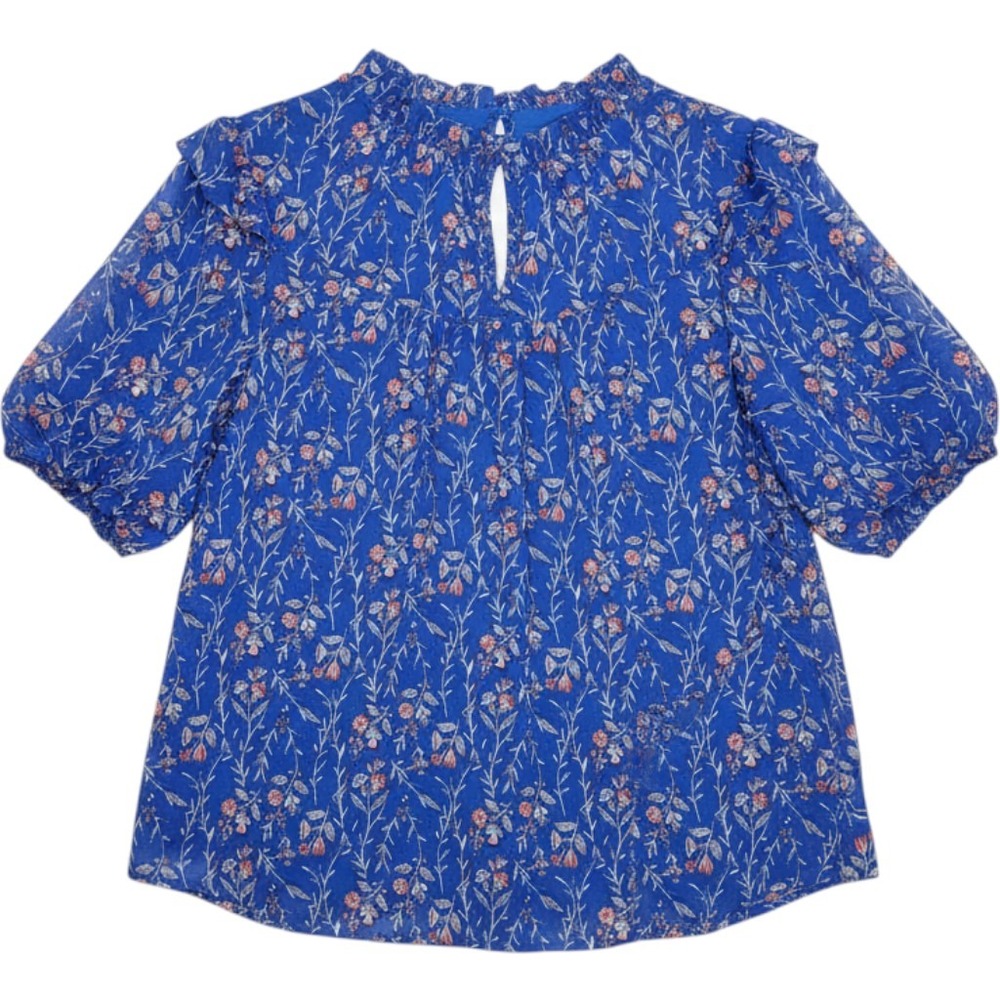 LOFT Floral Ruffle Neck Blouse Womens Large Blue Short Puff Sleeve Excellent